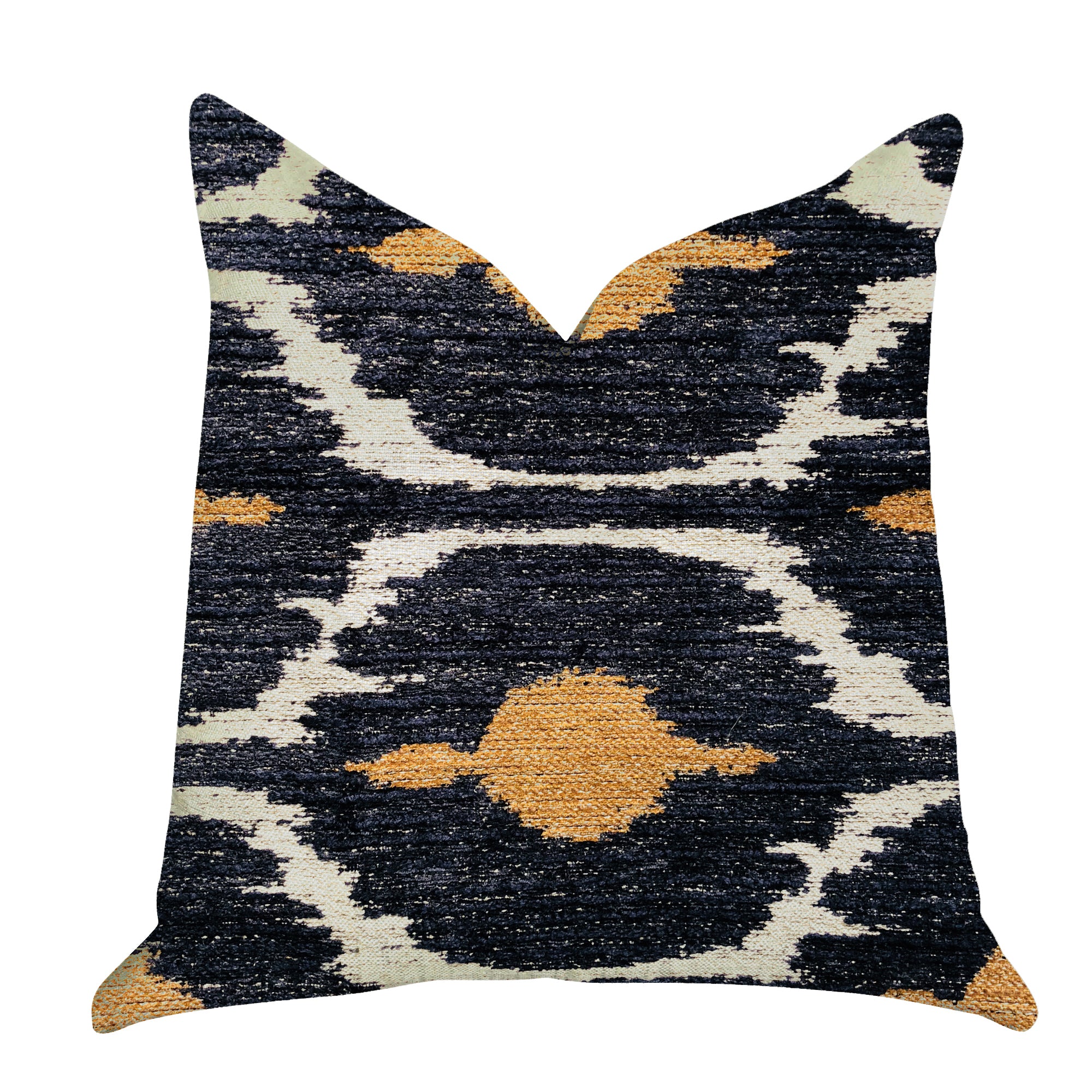 Bohemian blue and orange ikat luxury throw pillow with double-sided design and invisible zipper, handmade in the USA.