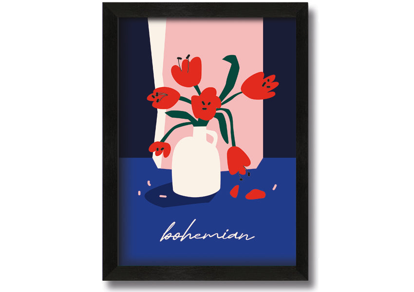 A beautifully framed print of a bohemian vase filled with vibrant red flowers, showcasing intricate details and colors.