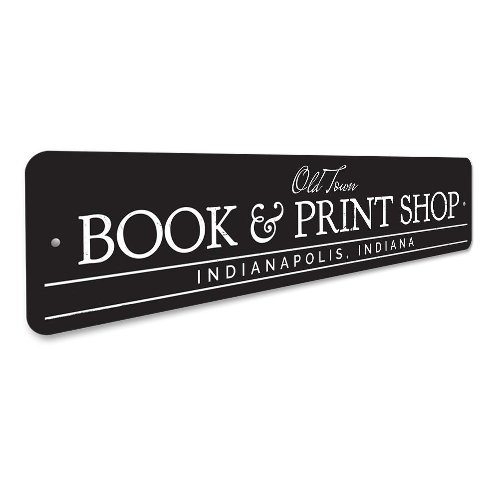 Customizable aluminum Book & Print Shop Sign with pre-drilled holes for easy mounting, showcasing vibrant colors and quality craftsmanship.