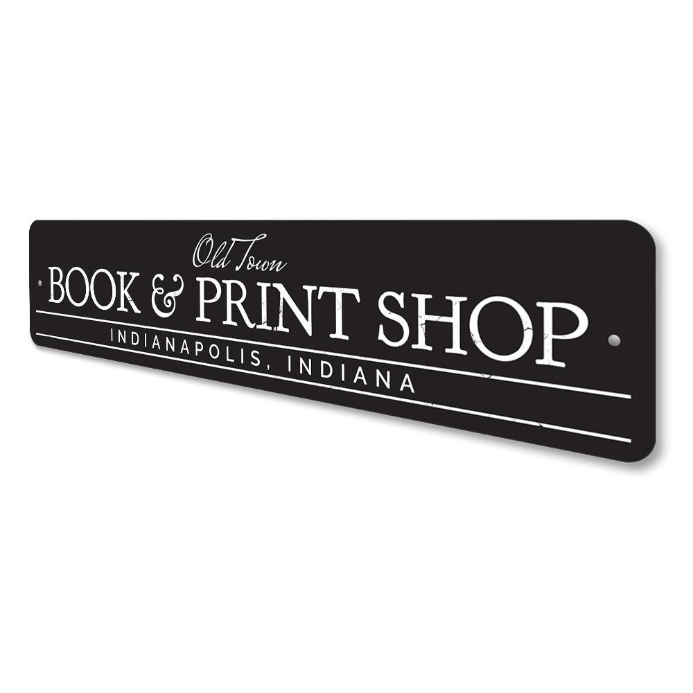 Customizable aluminum Book & Print Shop Sign with pre-drilled holes for easy mounting, showcasing vibrant colors and quality craftsmanship.