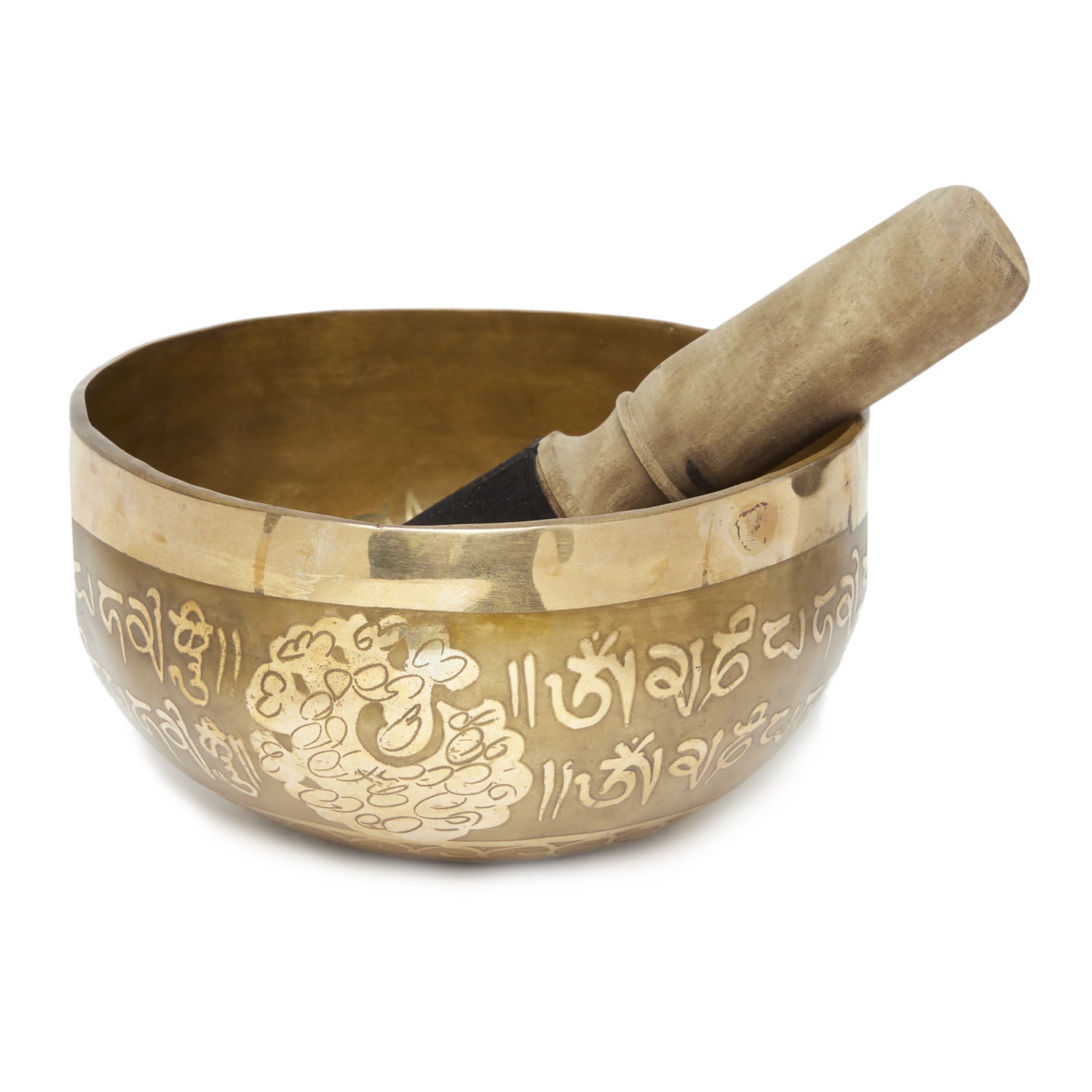 Bol Tibétain 'Alliance du Bouddha et du Mantra' en étain et cuivre, décoré de motifs de mantra et de bouddha, avec coussin en tissu et masse en bois.