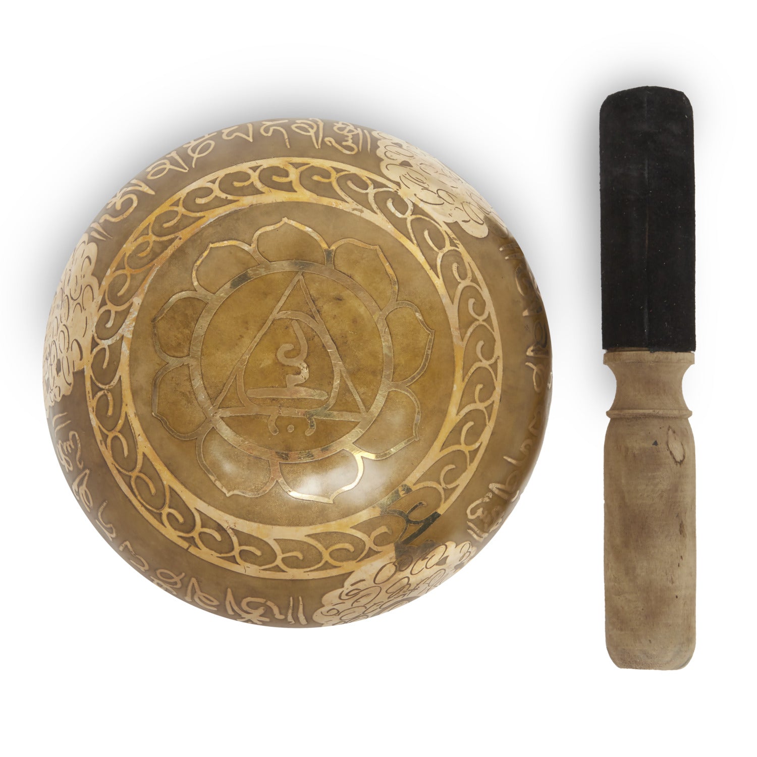 Bol Tibétain 'Alliance du Bouddha et du Mantra' en étain et cuivre, décoré de motifs de mantra et de bouddha, avec coussin en tissu et masse en bois.