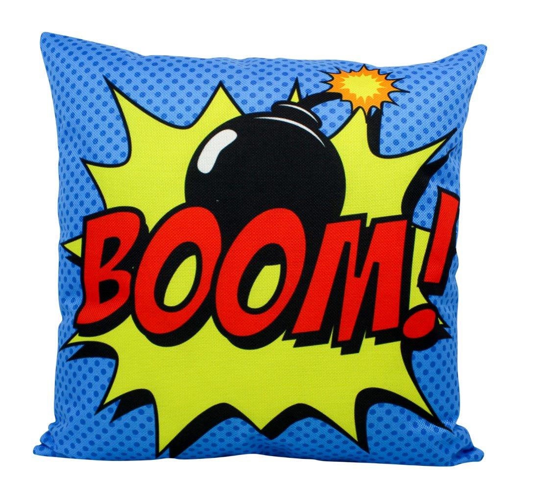 Vibrant BOOM Red Anime Pillow Cover featuring comic design with a bomb illustration, perfect for kids' rooms.