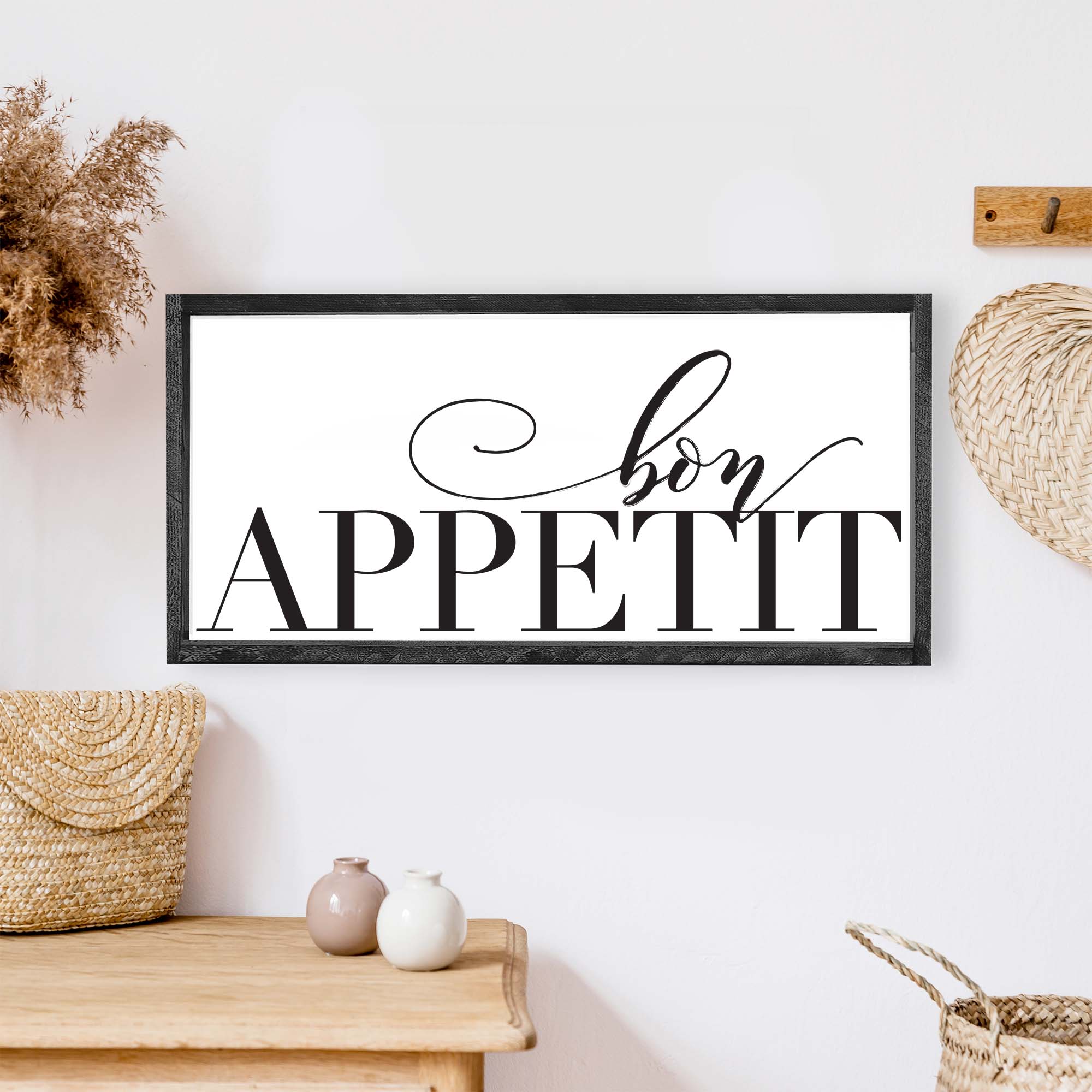 Bon Appetit Wood Sign featuring black waterproof text on a white background, framed in wood stain on pine wood, handmade in Toronto.