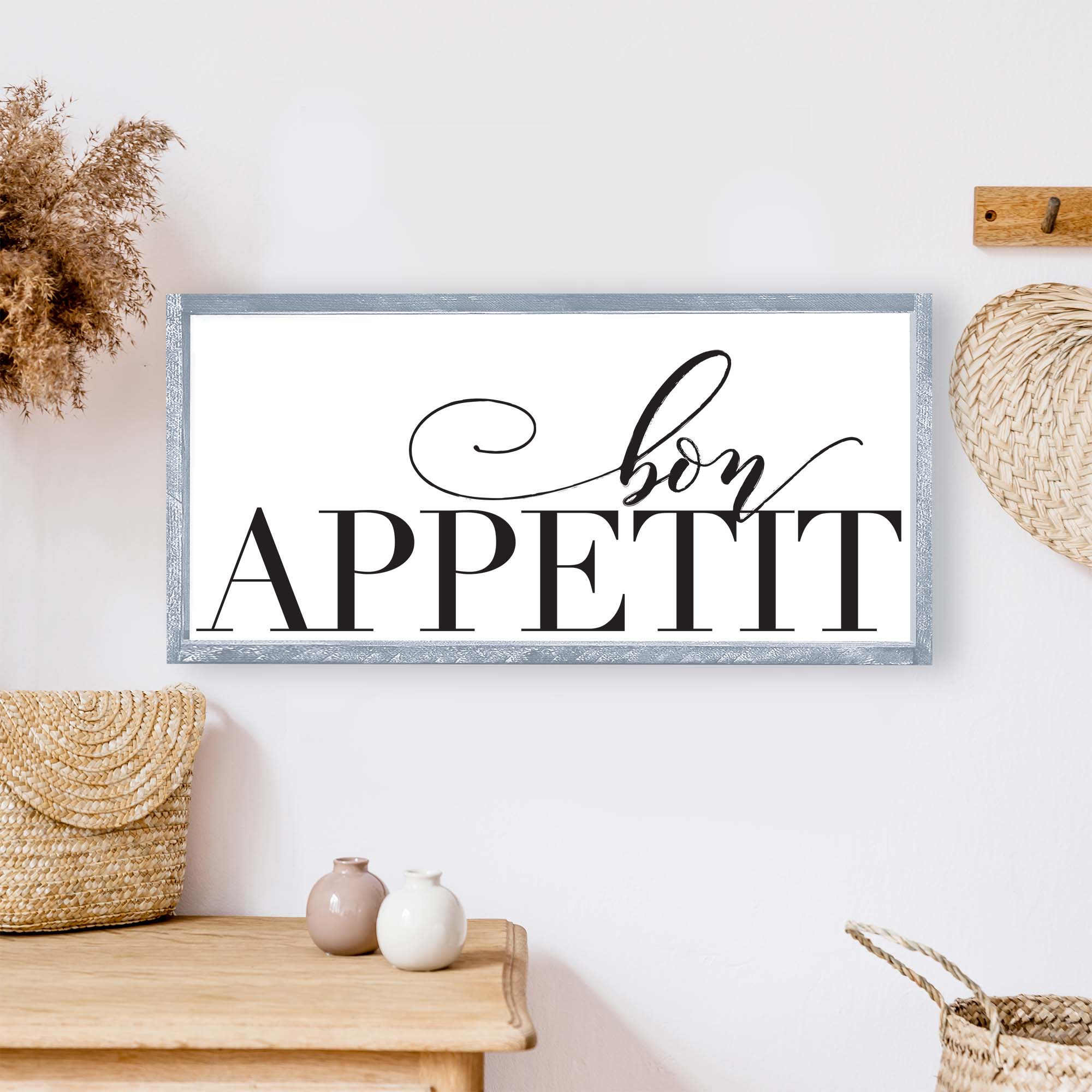 Bon Appetit Wood Sign featuring black waterproof text on a white background, framed in wood stain on pine wood, handmade in Toronto.