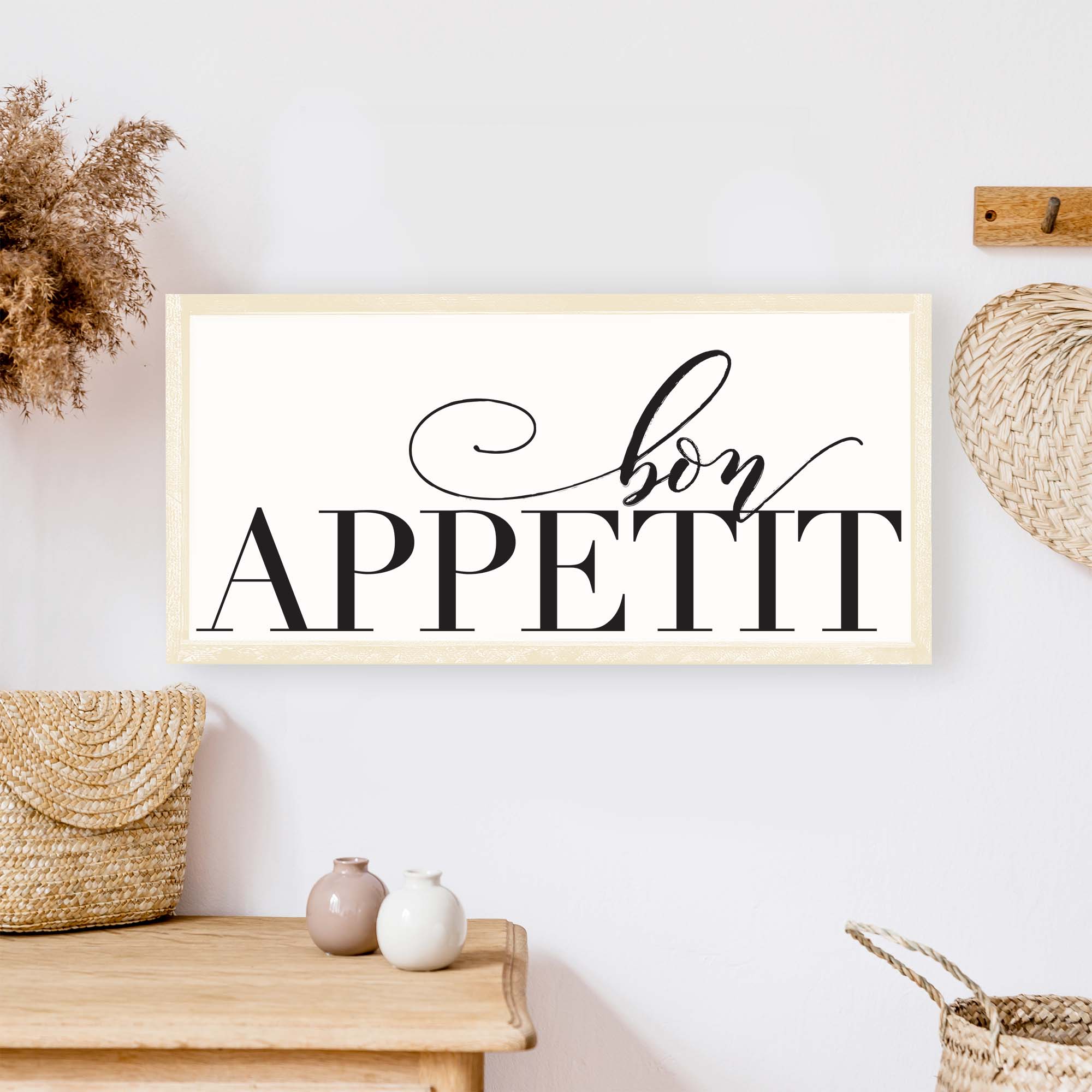 Bon Appetit Wood Sign featuring black waterproof text on a white background, framed in wood stain on pine wood, handmade in Toronto.