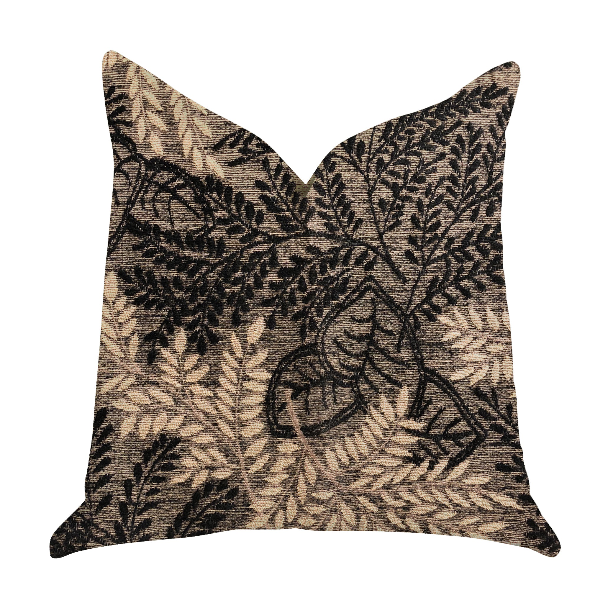 Bonzai Ebony Floral Throw Pillow in black and brown, showcasing a floral pattern with a sleek design and invisible zipper.