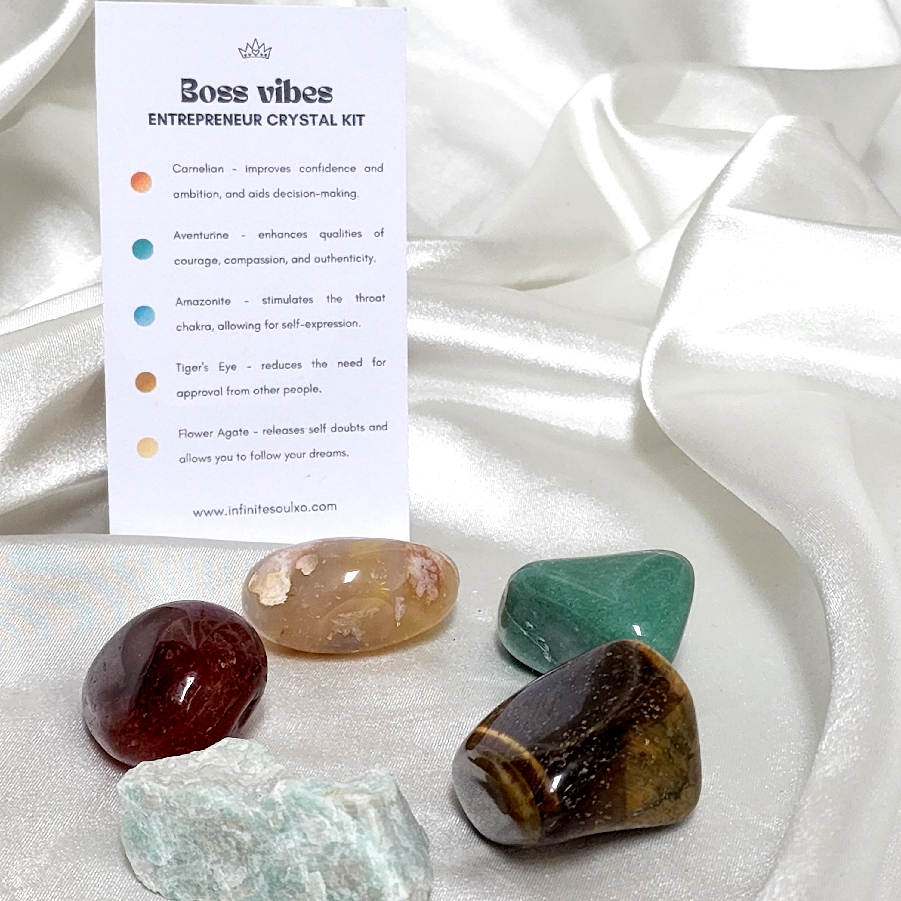 A collection of hand-chosen crystals including Tiger's Eye, Amazonite, Green Aventurine, Flower Agate, and Carnelian, displayed elegantly in a crystal kit.