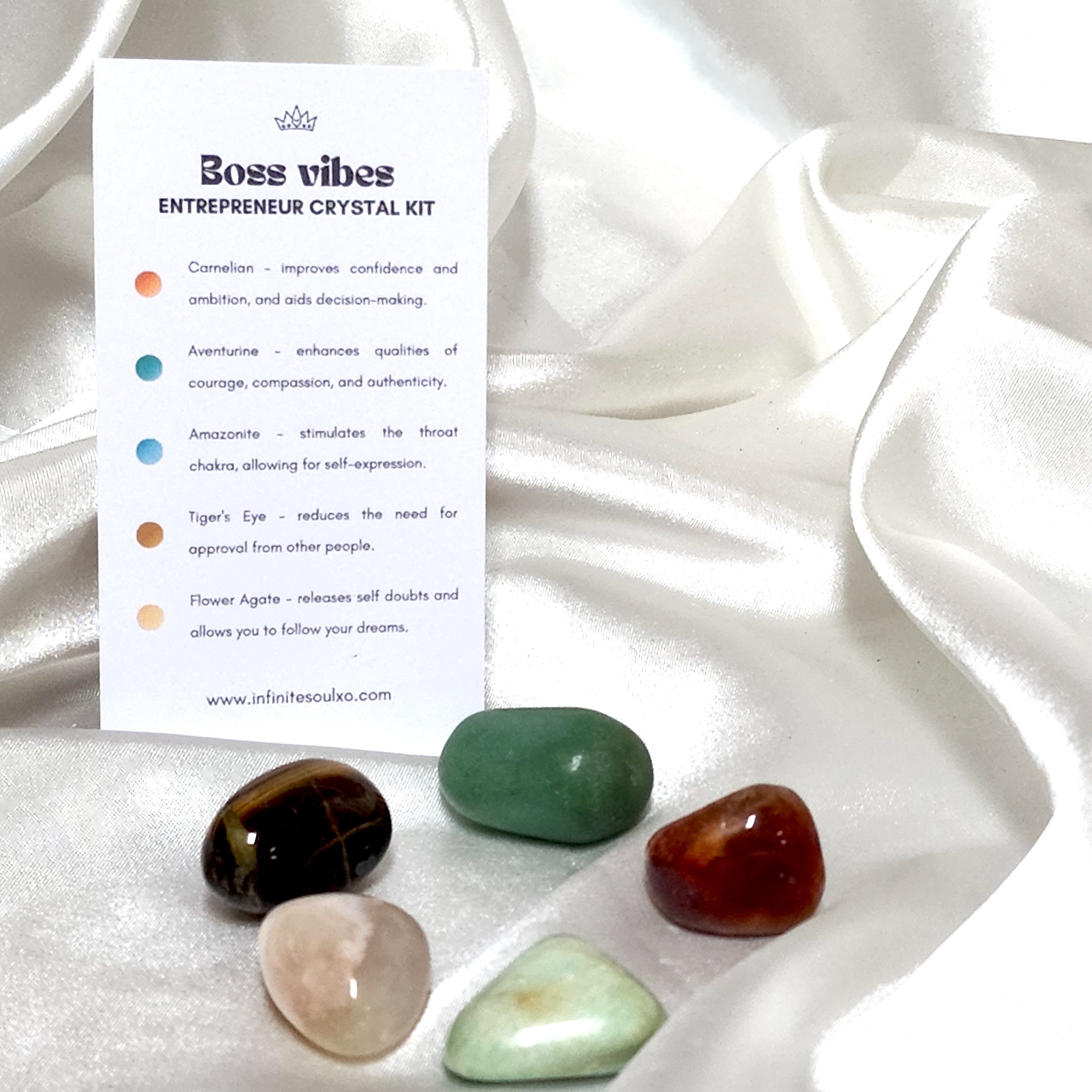 A collection of hand-chosen crystals including Tiger's Eye, Amazonite, Green Aventurine, Flower Agate, and Carnelian, displayed elegantly in a crystal kit.