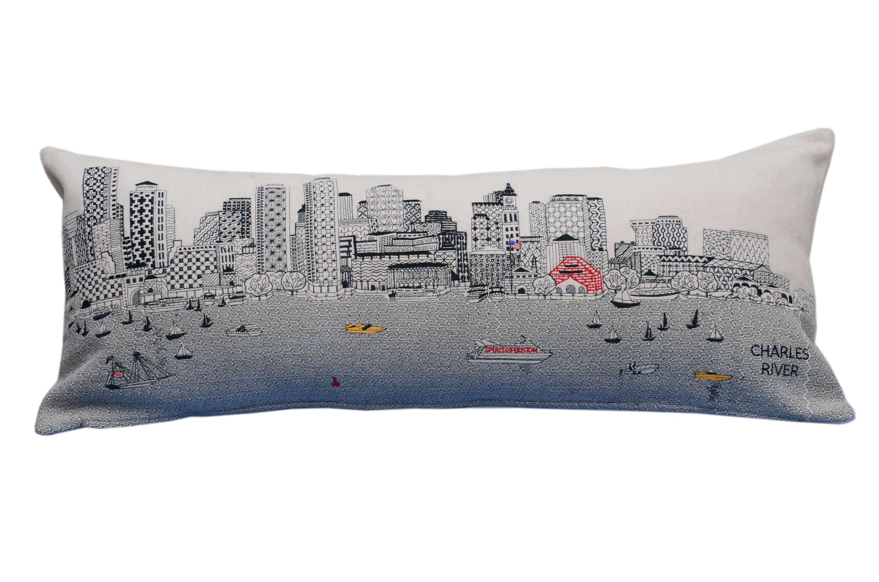 Boston Pillow featuring vibrant colors and a red zipper, inspired by the city's charm and architecture.