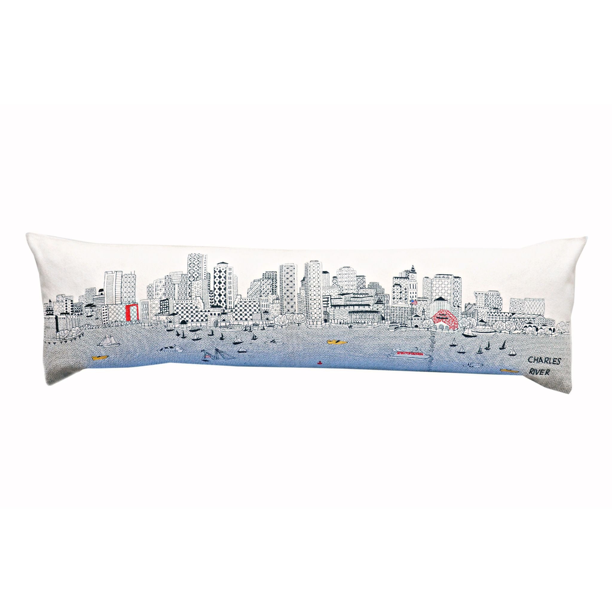 Boston Pillow featuring vibrant colors and a red zipper, inspired by the city's charm and architecture.