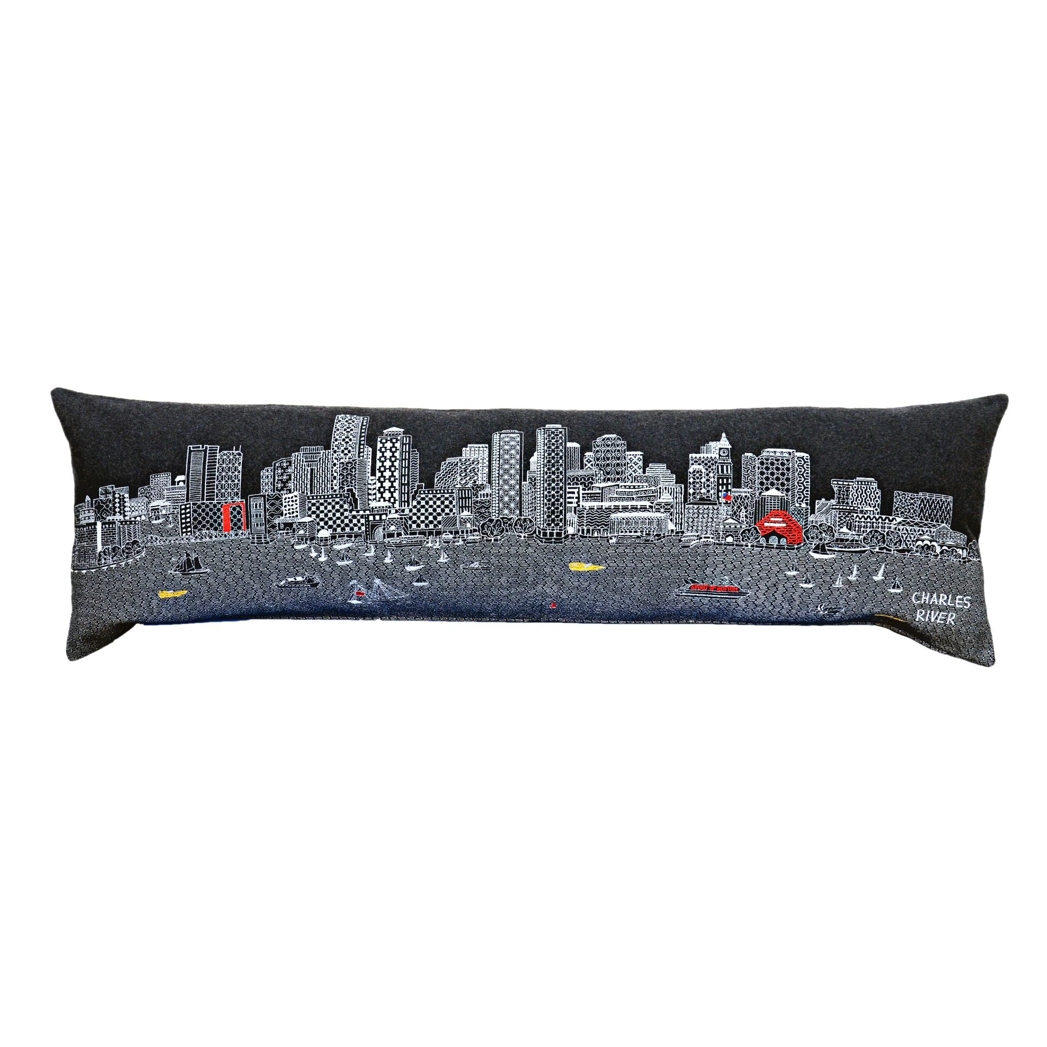 Boston Pillow featuring vibrant colors and a red zipper, inspired by the city's charm and architecture.