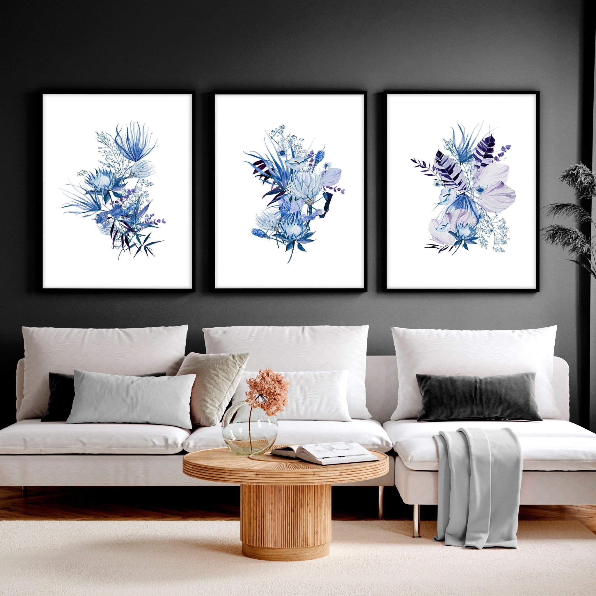 Set of 3 framed Botanical prints featuring intricate blue watercolor illustrations, perfect for home decor.