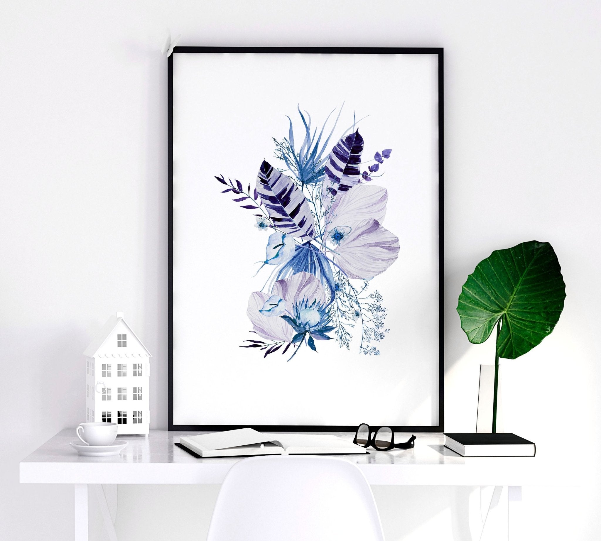 Set of 3 framed Botanical prints featuring intricate blue watercolor illustrations, perfect for home decor.