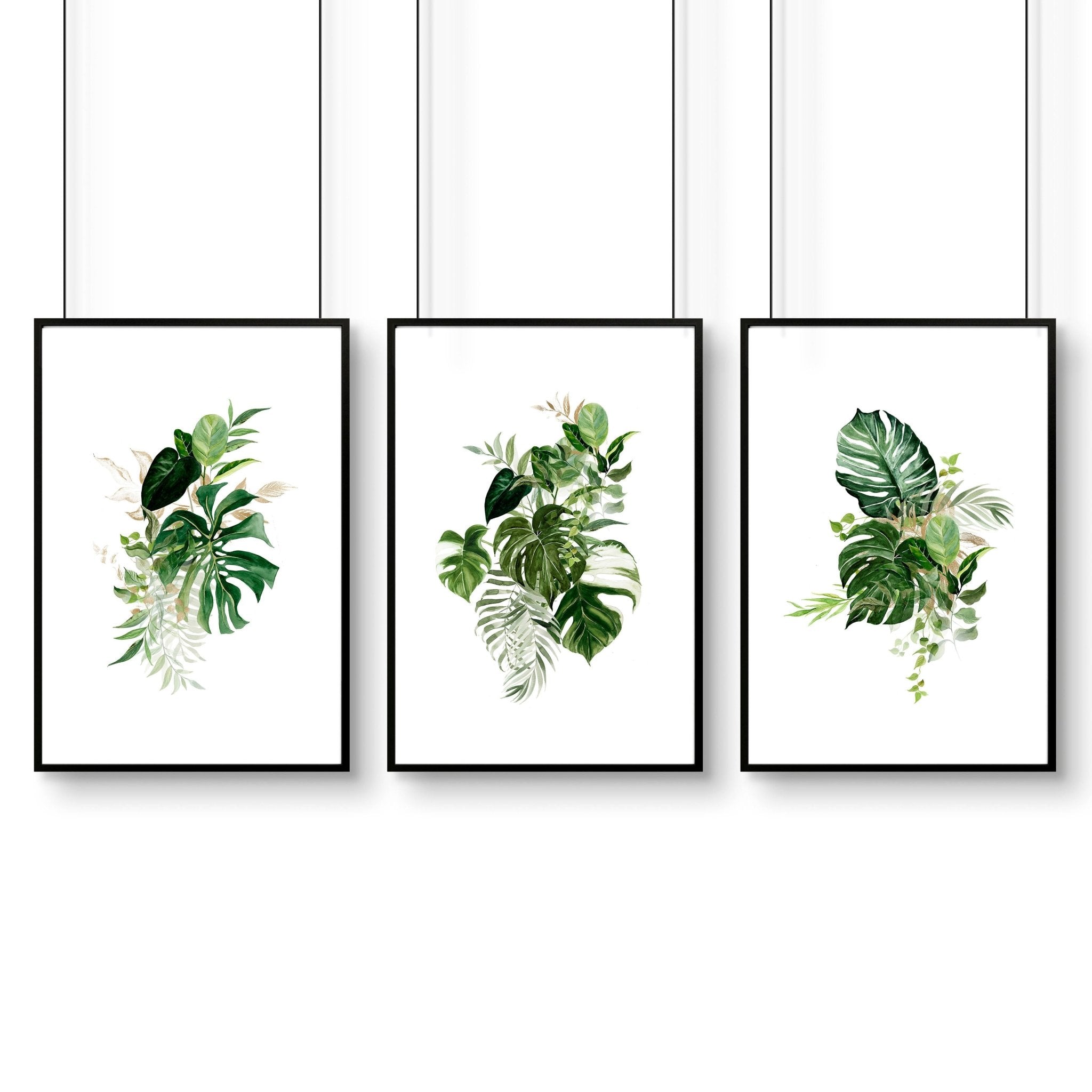Set of 3 Botanical wall art prints featuring vibrant tropical plants in greens and golds, perfect for enhancing living room decor.