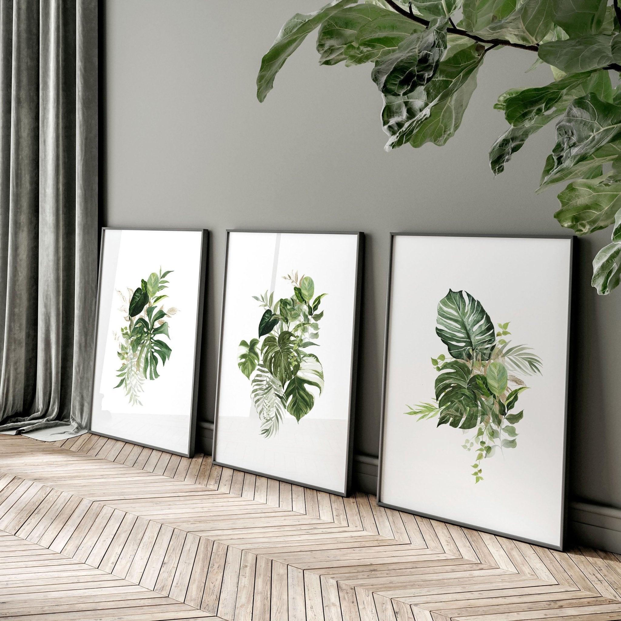 Set of 3 Botanical wall art prints featuring vibrant tropical plants in greens and golds, perfect for enhancing living room decor.