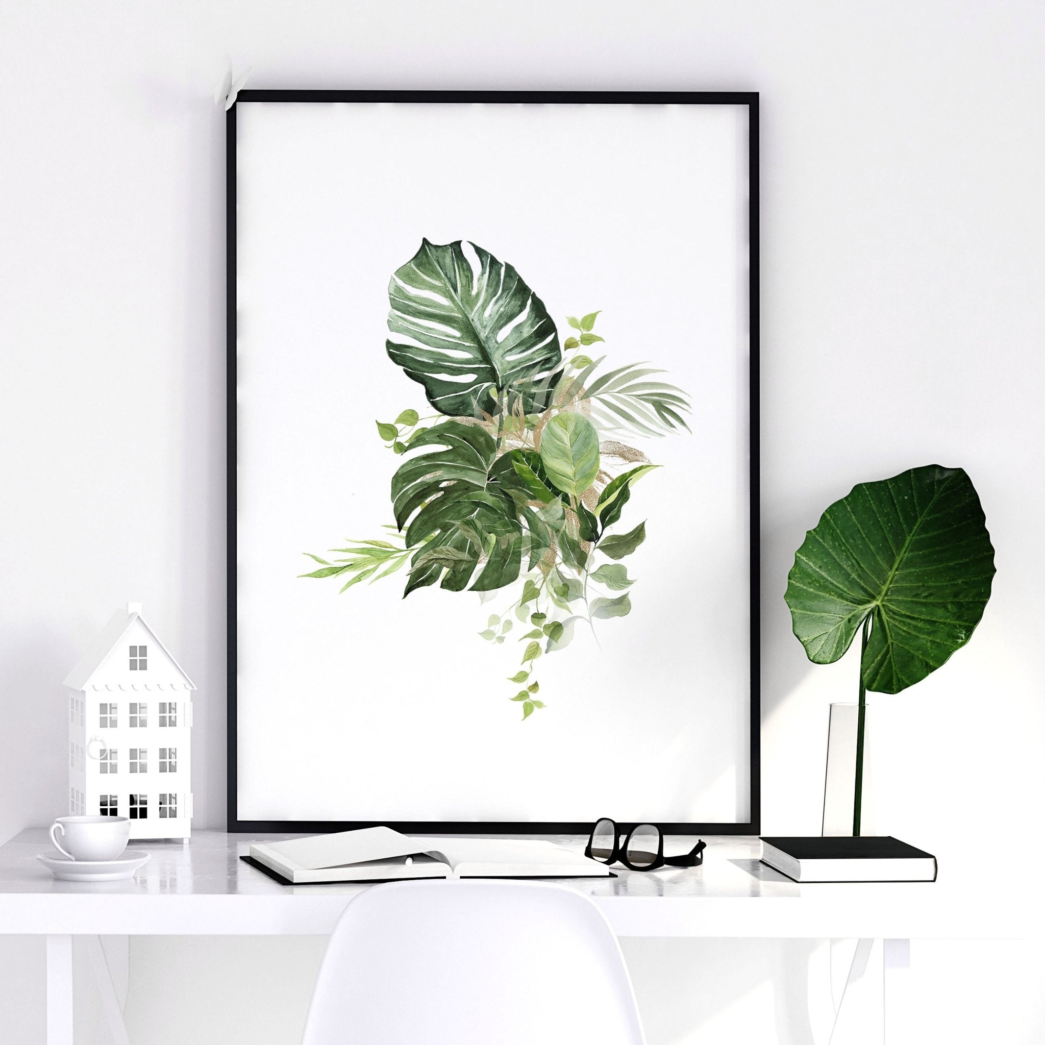 Set of 3 Botanical wall art prints featuring vibrant tropical plants in greens and golds, perfect for enhancing living room decor.