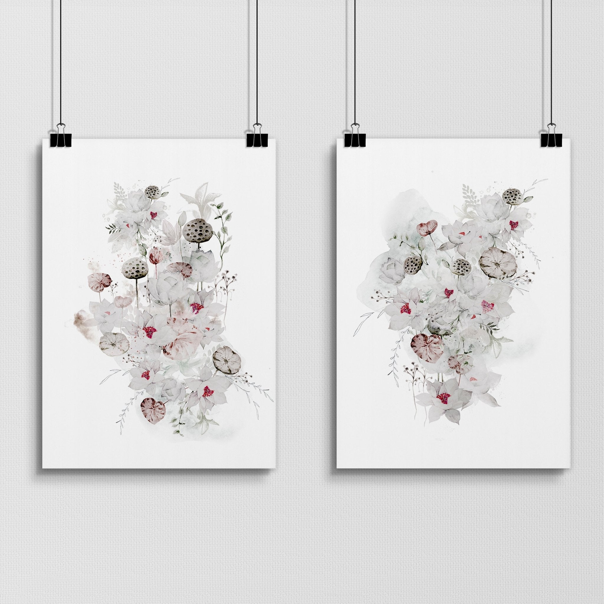 Set of 2 botanical wall art prints featuring Shabby Chic watercolour illustrations, elegantly framed in minimalistic black and white options.