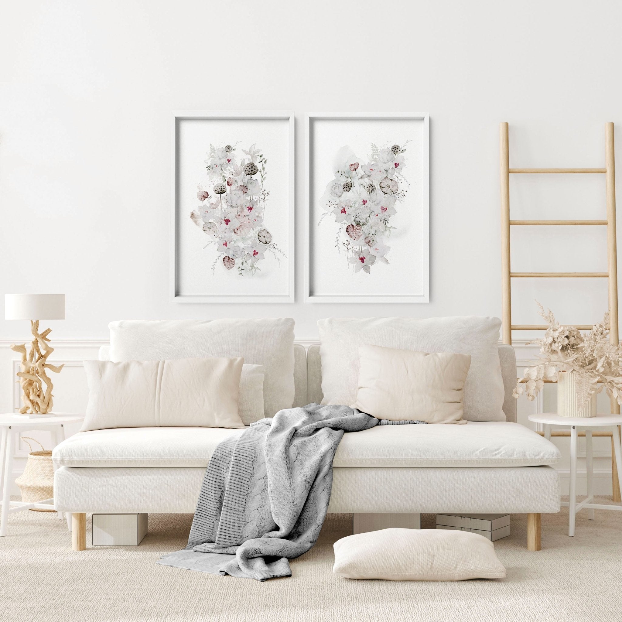Set of 2 botanical wall art prints featuring Shabby Chic watercolour illustrations, elegantly framed in minimalistic black and white options.