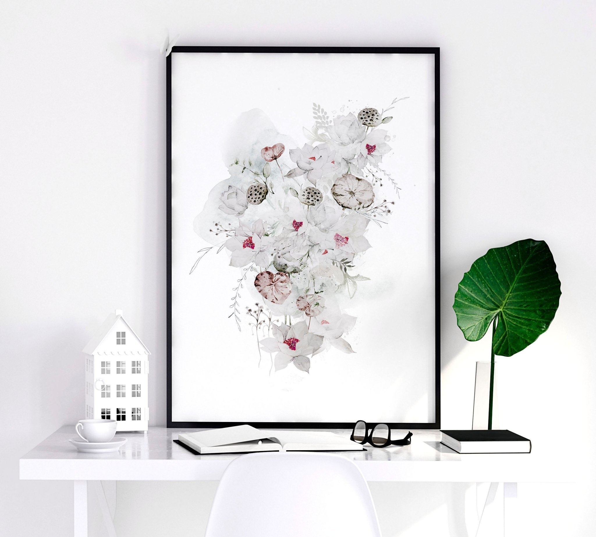 Set of 2 botanical wall art prints featuring Shabby Chic watercolour illustrations, elegantly framed in minimalistic black and white options.