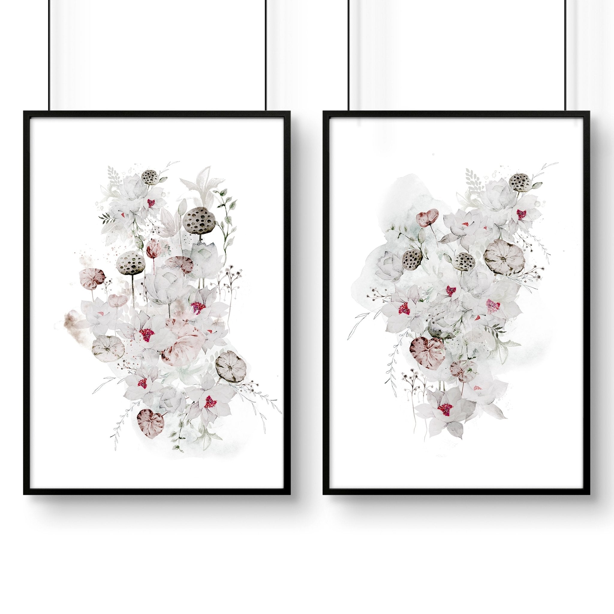 Set of 2 botanical wall art prints featuring Shabby Chic watercolour illustrations, elegantly framed in minimalistic black and white options.