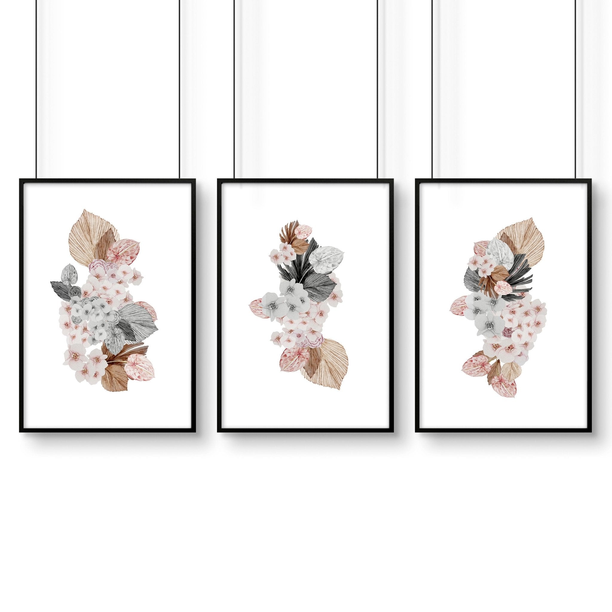 Set of 3 botanical wall art prints featuring delicate flowers in soft pink and grey shades, perfect for home decor.