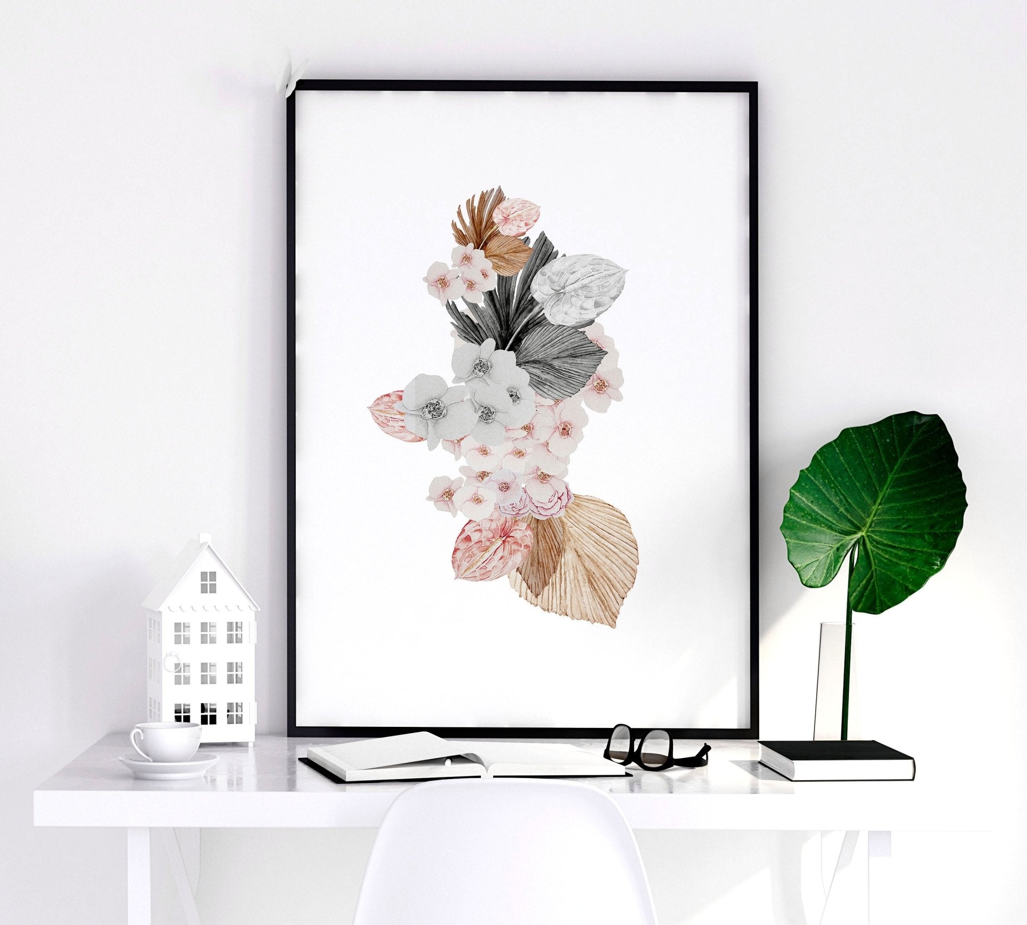 Set of 3 botanical wall art prints featuring delicate flowers in soft pink and grey shades, perfect for home decor.