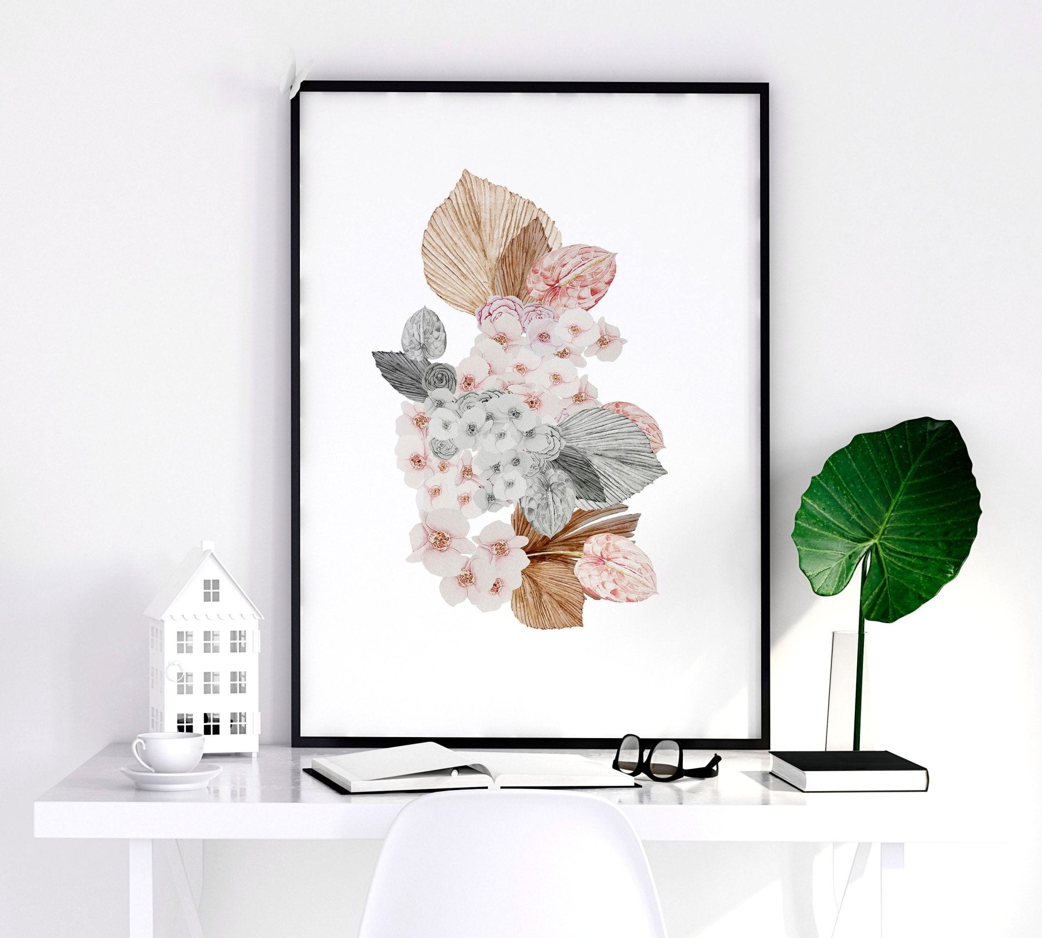 Set of 3 botanical wall art prints featuring delicate flowers in soft pink and grey shades, perfect for home decor.