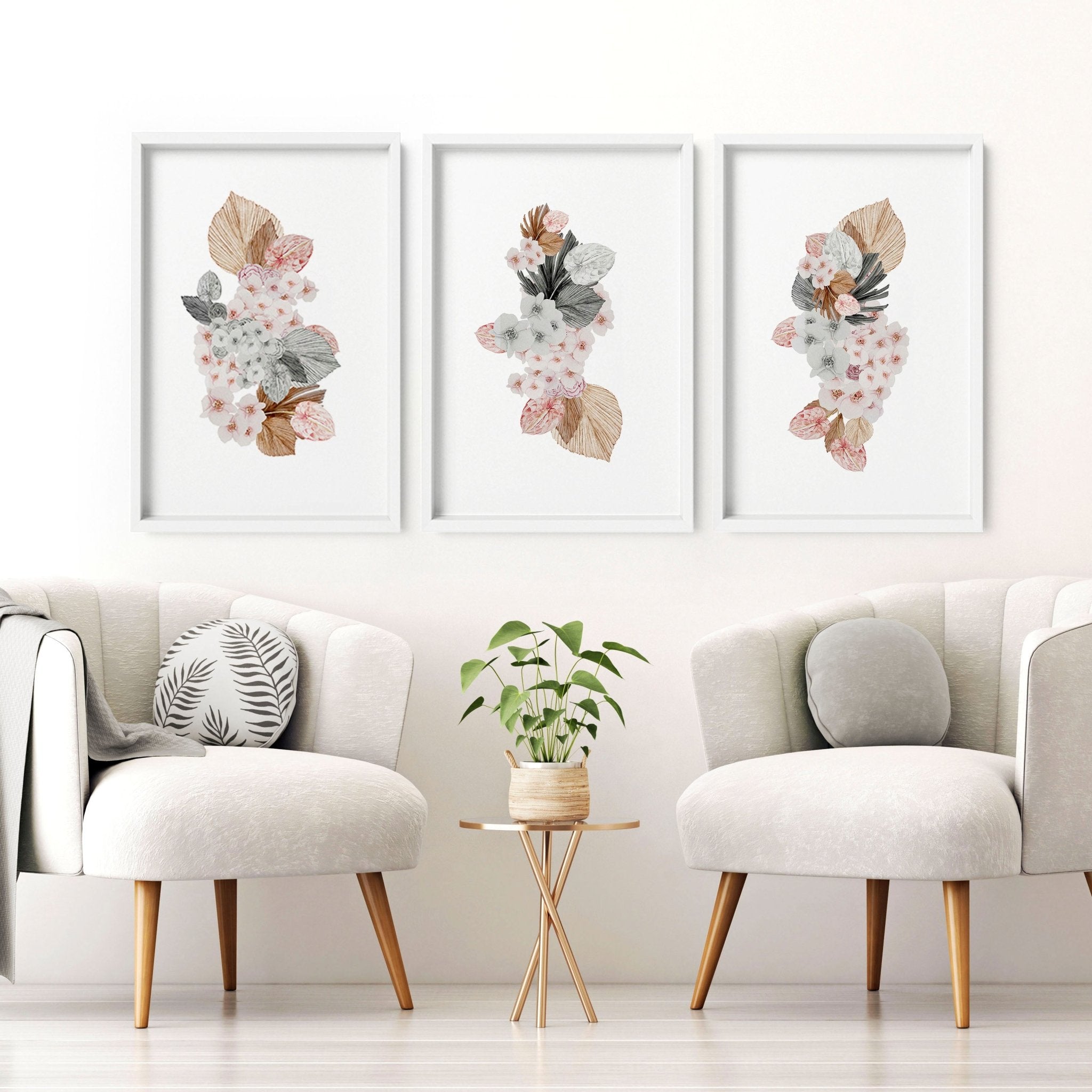 Set of 3 botanical wall art prints featuring delicate flowers in soft pink and grey shades, perfect for home decor.