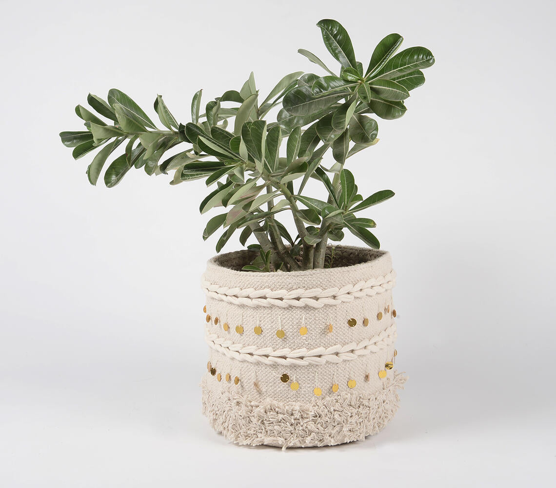 Braided Jute and Handwoven Cotton Basket in off-white, showcasing its eco-friendly materials and handcrafted design.