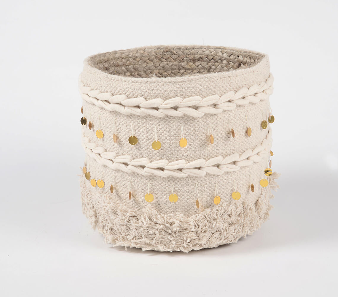 Braided Jute and Handwoven Cotton Basket in off-white, showcasing its eco-friendly materials and handcrafted design.
