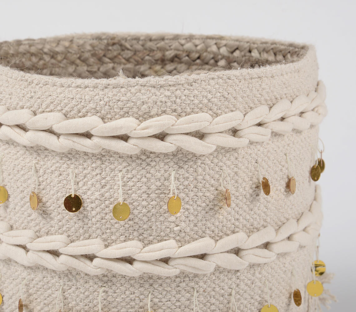 Braided Jute and Handwoven Cotton Basket in off-white, showcasing its eco-friendly materials and handcrafted design.