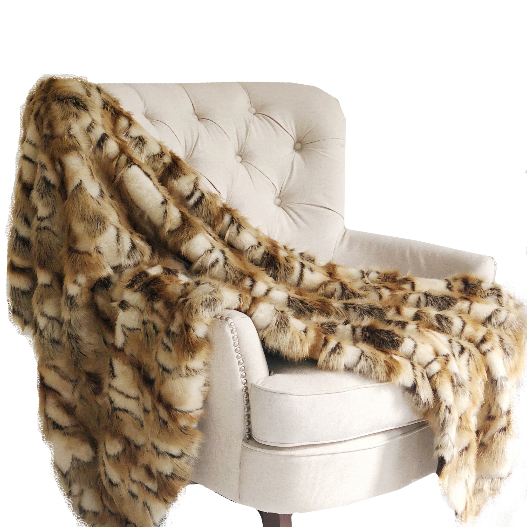 Brandy Gold and White Faux Fox Handmade Luxury Throw showcasing plush faux fur texture and elegant design.