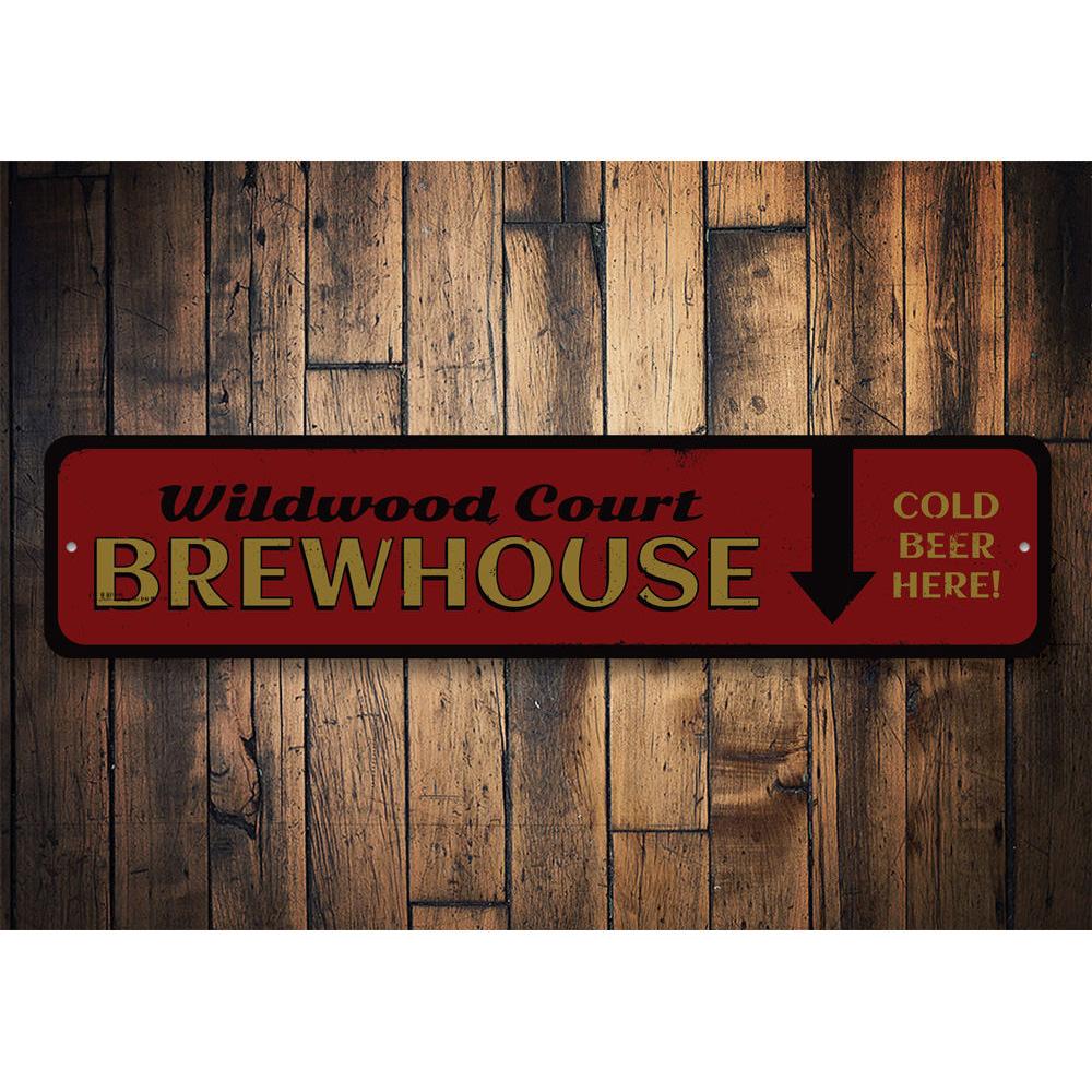 A decorative Brewhouse Sign made of high-quality aluminum, featuring customizable text and pre-drilled holes for easy mounting.