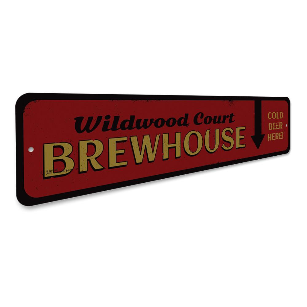 A decorative Brewhouse Sign made of high-quality aluminum, featuring customizable text and pre-drilled holes for easy mounting.