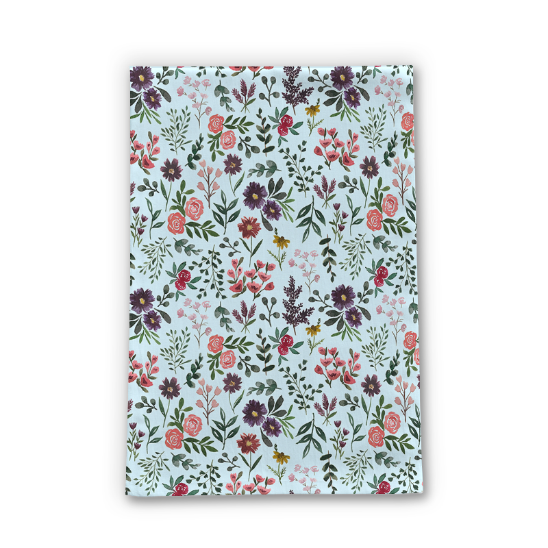 Bright Watercolor Flower Tea Towel in blue, featuring a vibrant floral design on durable cotton twill fabric.