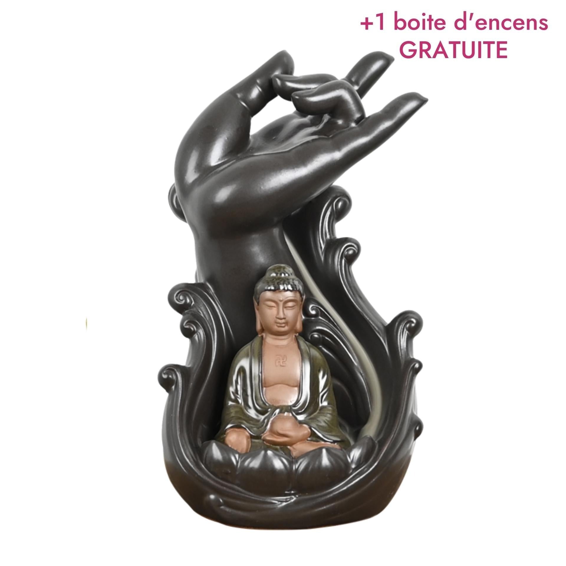 Brûleur d'encens en céramique représentant la main protectrice de Bouddha, symbolisant la sérénité et la prospérité.