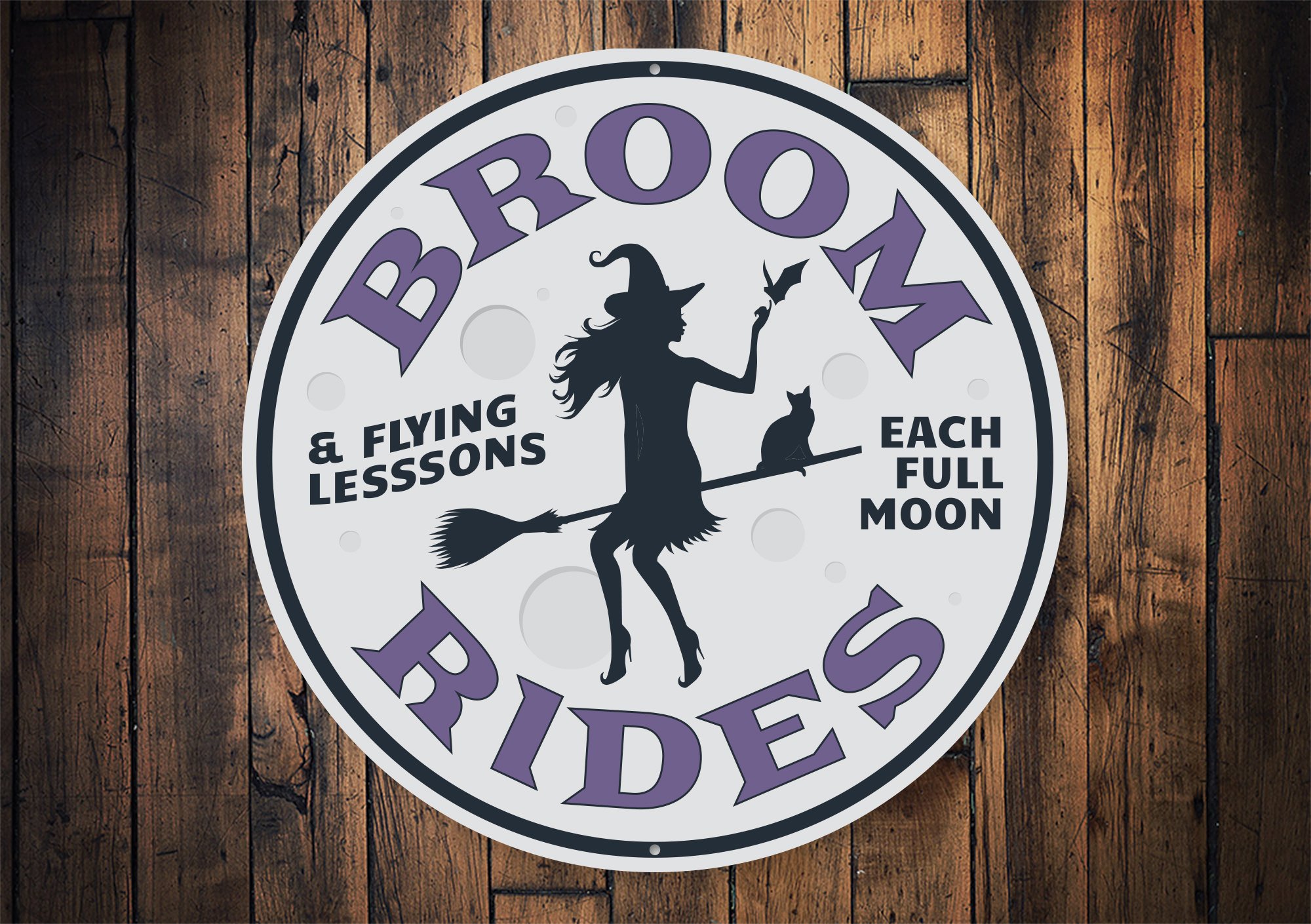 Broom Rides Witch Sign made of quality aluminum, featuring whimsical design perfect for Halloween decor.