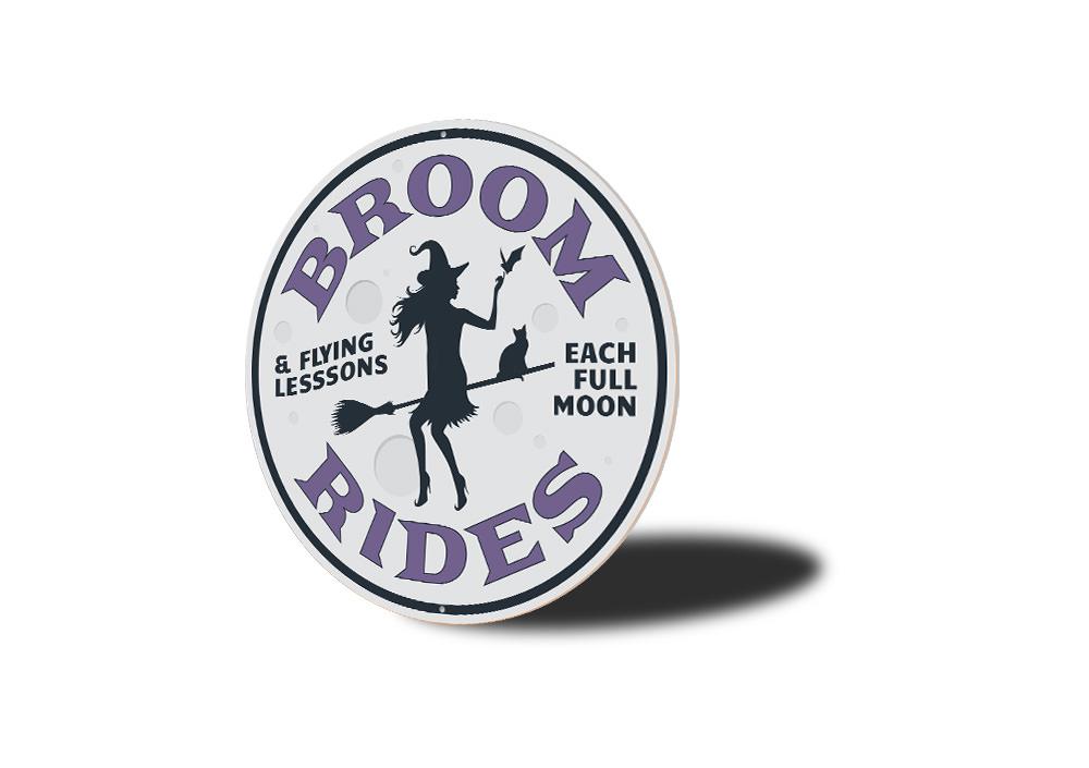 Broom Rides Witch Sign made of quality aluminum, featuring whimsical design perfect for Halloween decor.