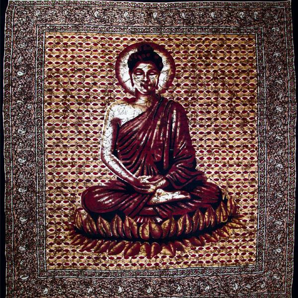 Brown Buddha tapestry depicting meditation on a lotus flower, vibrant colors and intricate stone-like design.