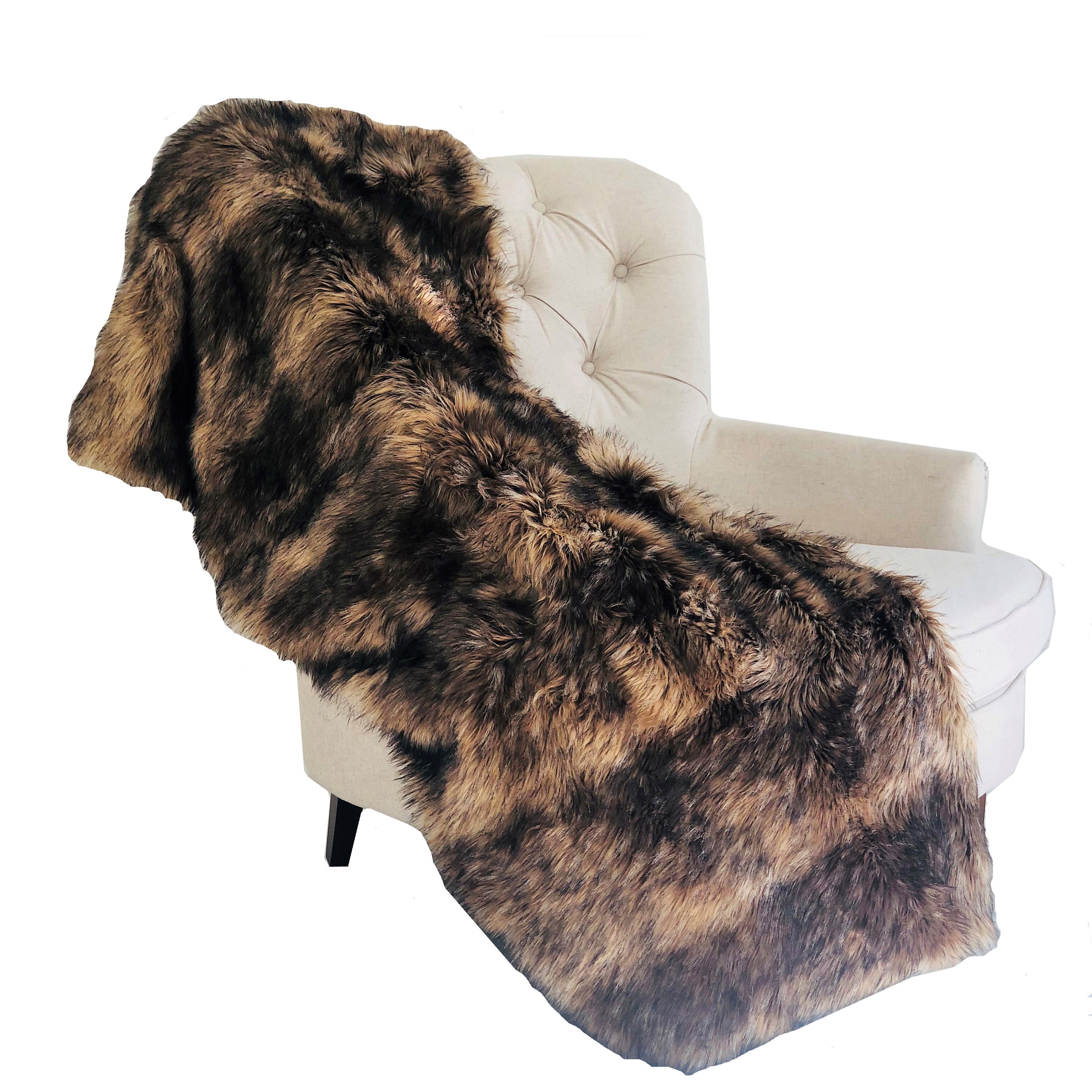 Brown Mountain Coyote Handmade Luxury Throw featuring soft faux fur in light and dark brown colors, reversible design with matching solid color backing.