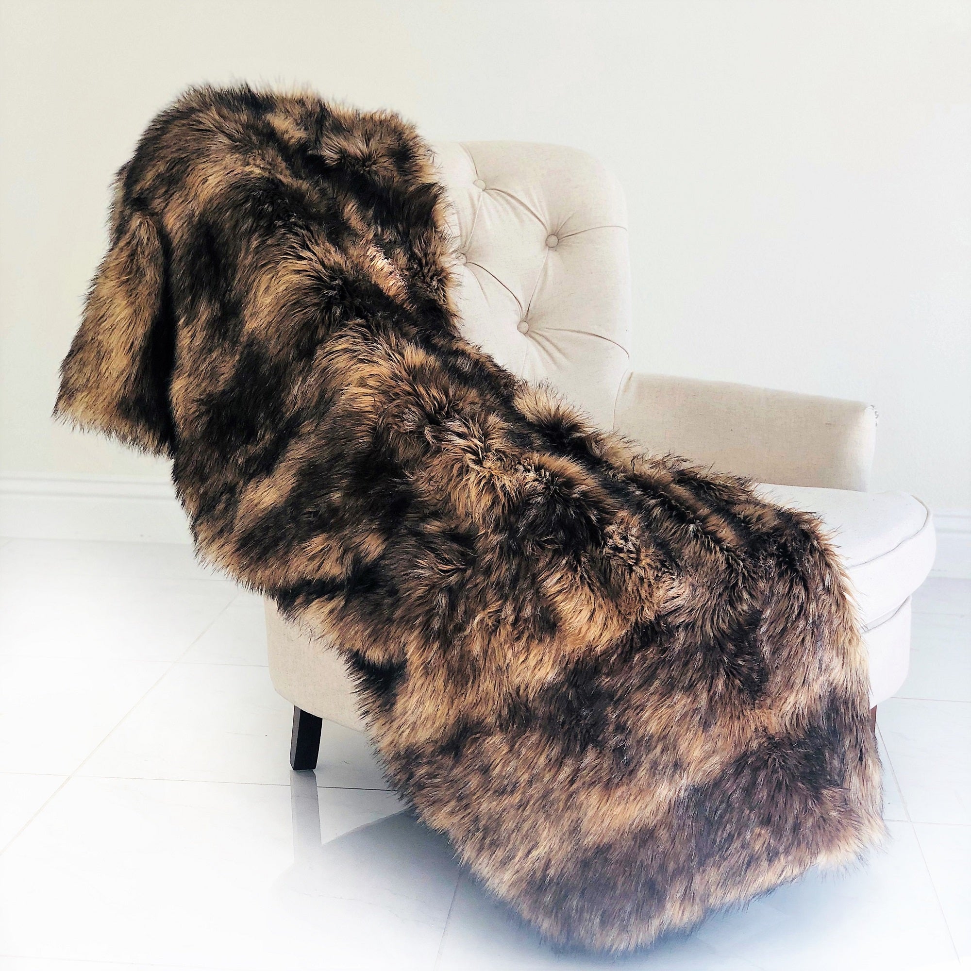 Brown Mountain Coyote Handmade Luxury Throw featuring soft faux fur in light and dark brown colors, reversible design with matching solid color backing.