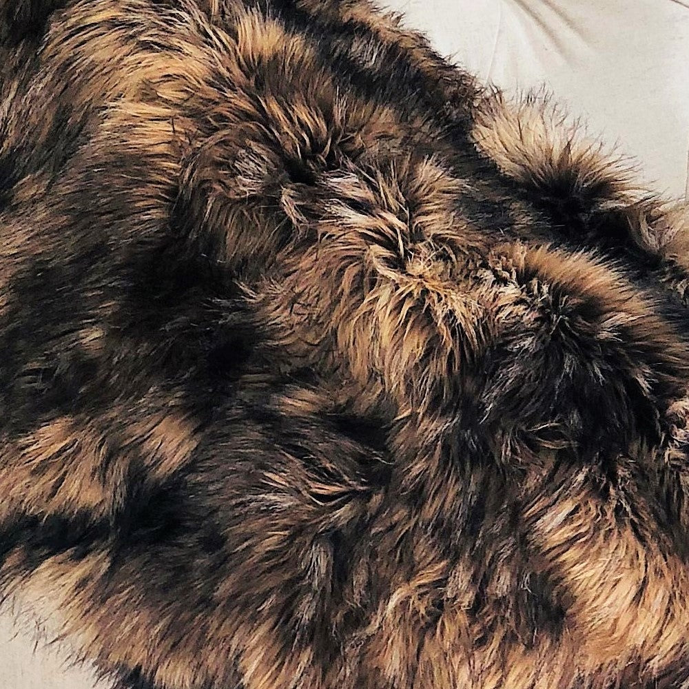Brown Mountain Coyote Handmade Luxury Throw featuring soft faux fur in light and dark brown colors, reversible design with matching solid color backing.