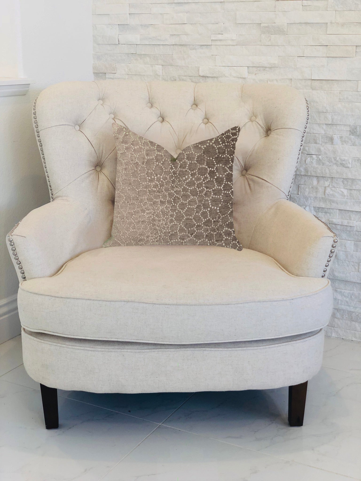 Bubbly Gal Luxury Throw Pillow in beige tones, featuring a double-sided design and invisible zipper, handmade in the USA.