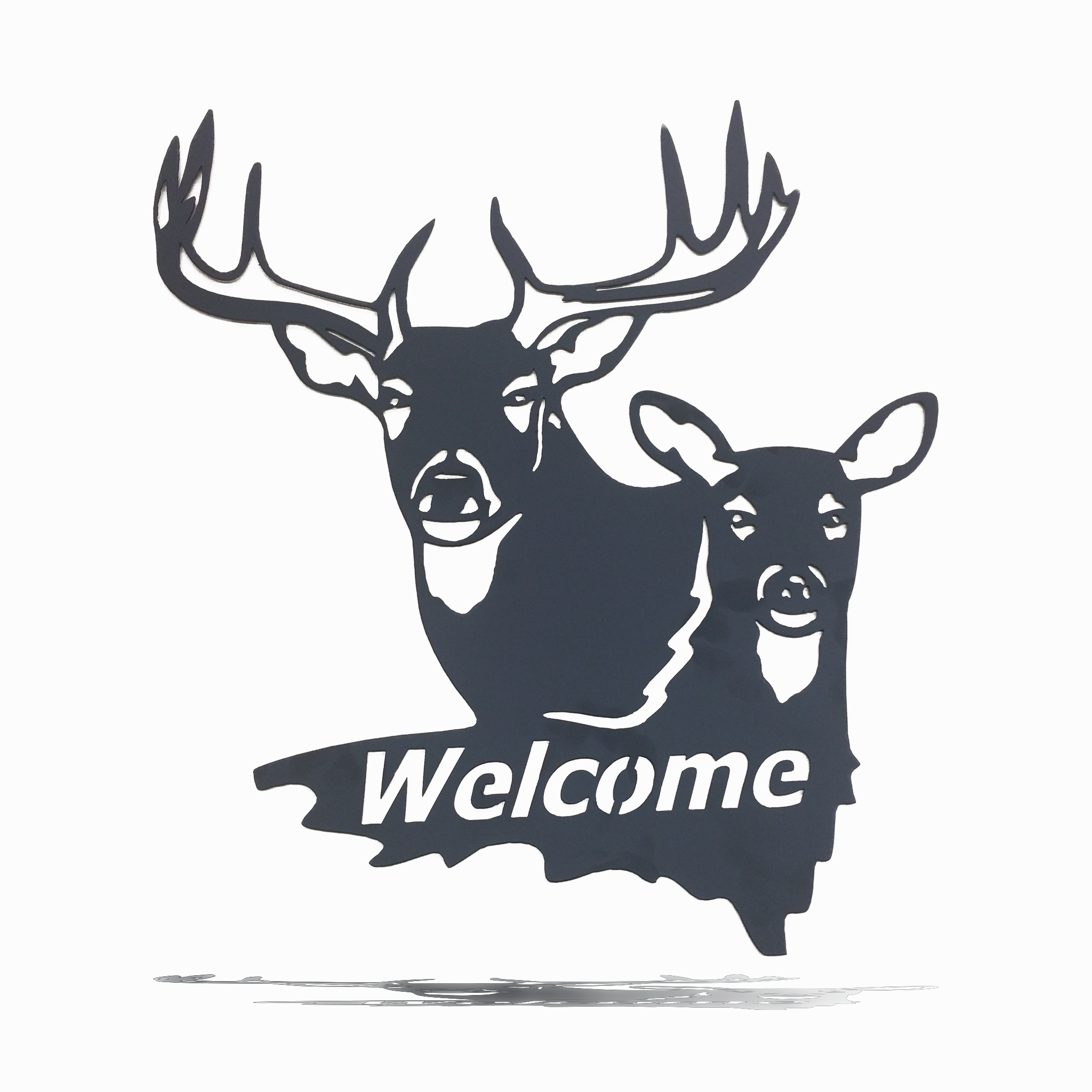 Buck and Doe Welcome Metal Wall Art in low gloss black finish, showcasing a deer and doe design, perfect for home or cabin decor.