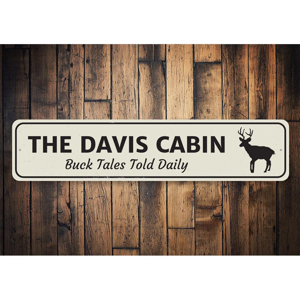 Buck Tales Told Daily Sign made of high-quality aluminum, featuring a rustic design perfect for lakehouse decor.