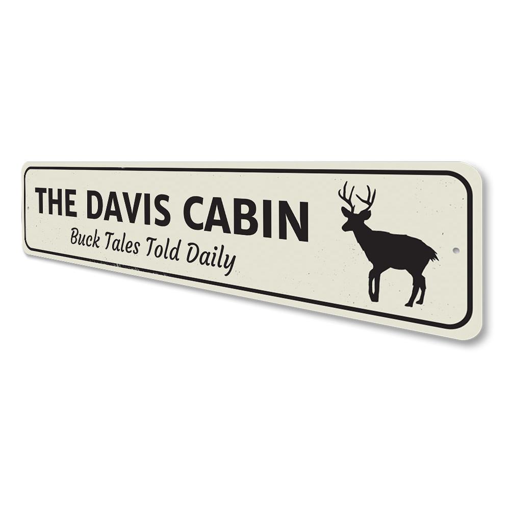 Buck Tales Told Daily Sign made of high-quality aluminum, featuring a rustic design perfect for lakehouse decor.
