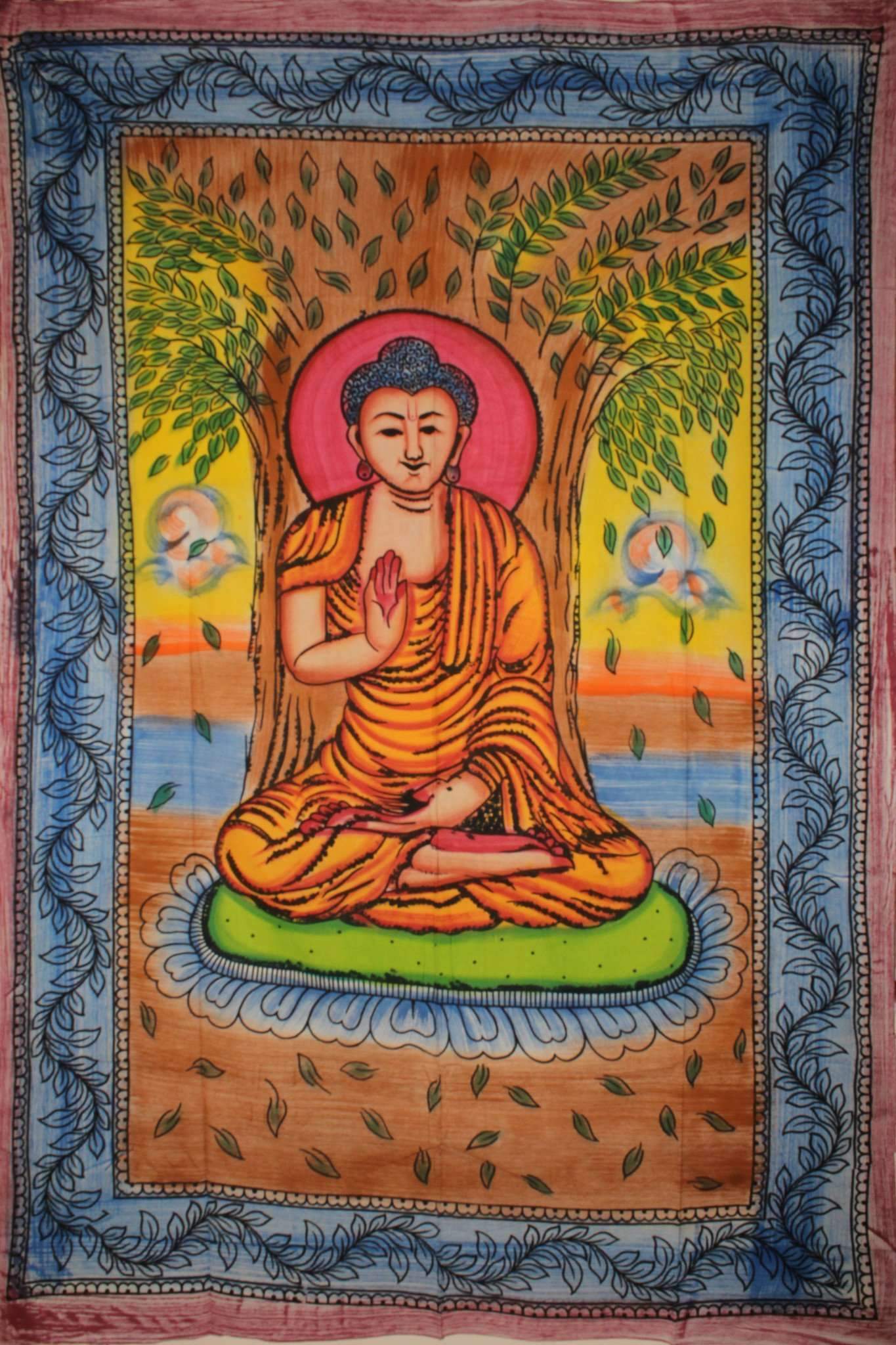 Buddha Meditating Under Bodhi Tree Tapestry featuring vibrant colors and intricate design, perfect for home decor and meditation.