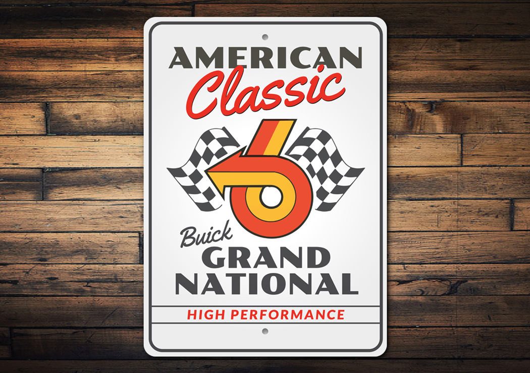 A stylish Buick Grand National sign made from high-quality aluminum, featuring vibrant colors and a classic design, perfect for car enthusiasts.