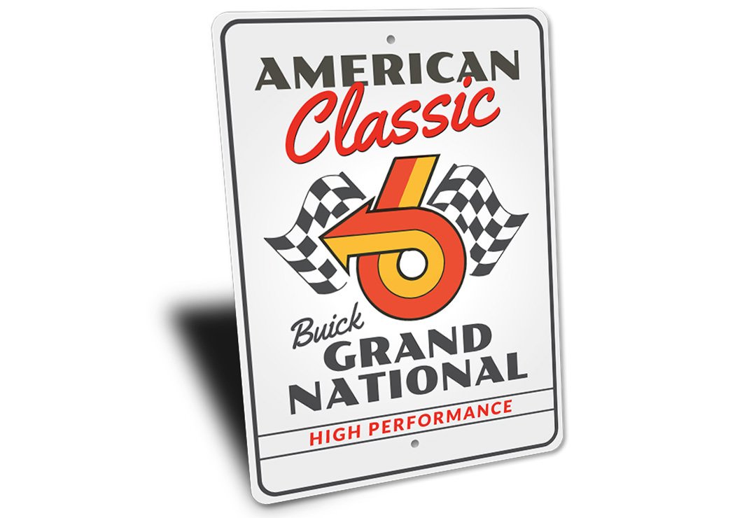 A stylish Buick Grand National sign made from high-quality aluminum, featuring vibrant colors and a classic design, perfect for car enthusiasts.